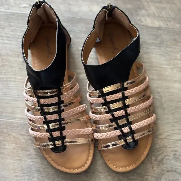 Qupid Gladiator Sandals Women's 6.5 Black Gold Pink Braided Flat Zip - Picture 3 of 7